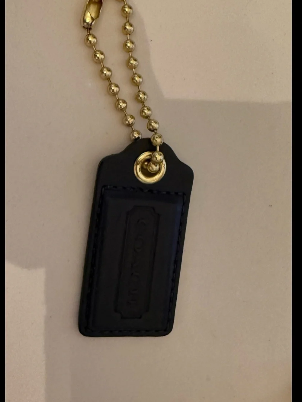 COACH Navy Leather Key Tag with Gold-Tone Ball Chain 2.25”X 1”